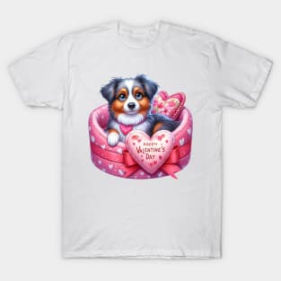 Valentine Australian Shepherd Dog in Bed T-Shirt